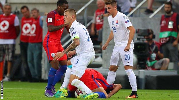 Martin Skrtel was sent off after stamping on Harry Kane