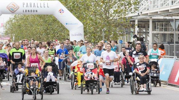 Runners of different abilities competing in a 5K race