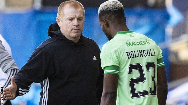 Celtic manager Neil Lennon with Boli Bolingoli