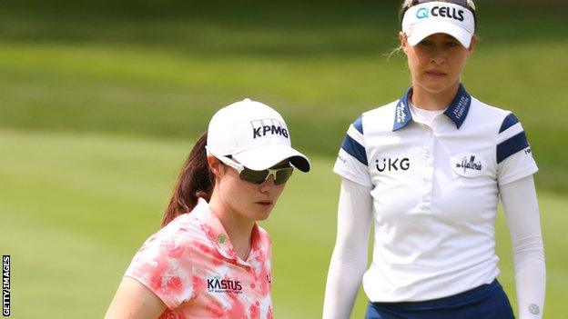 Leona Maguire and Nelly Korda during the final day of the Meijer LPGA Classic in Michigan