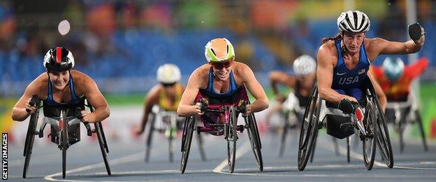 Chelsea McClammer, Amanda McGrory and Tatyana McFadden of the United States