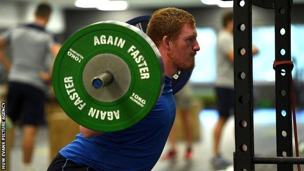 Rhys Carre training with Cardiff Blues for the resumption of the 2019-20 season at their temporary base at Pentwyn Leisure centre