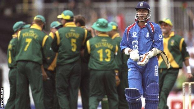 England captain Alec Stewart walks off after losing his wicket against South Africa at the 1999 Cricket World Cup