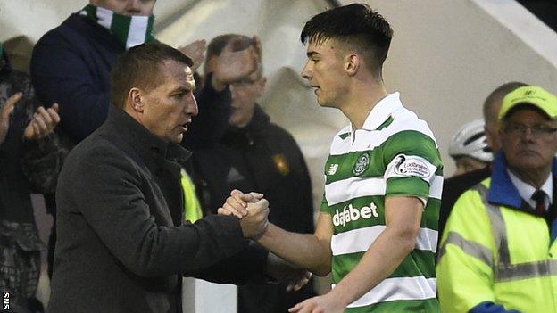 Celtic manager Brendan Rodgers (left) and Kieran Tierney