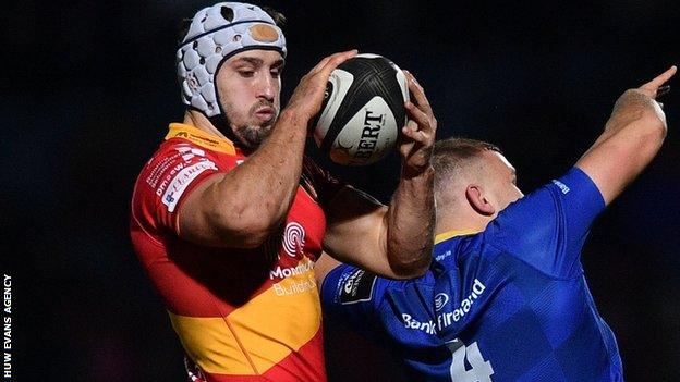 Olly Griffiths wins a lineout for Dragons against Leinster