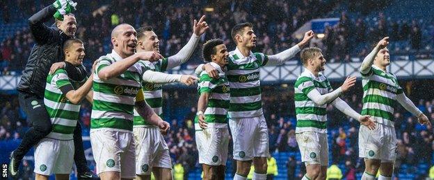 Celtic celebrate beating Rangers at Ibrox