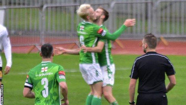 Thomas Dodds celebrates his first-ever goal for Guernsey FC