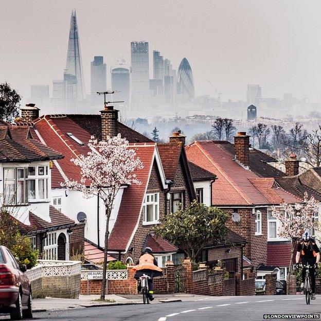 City of London seen in the background of residential street