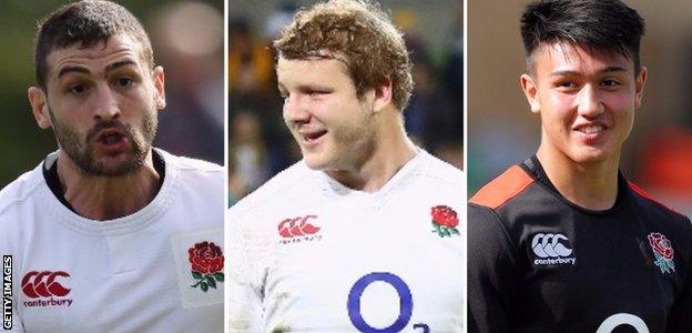 England's Jonny May, Joe Launchbury and Marcus Smith