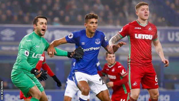 Swansea City goalkeeper Lukasz Fabianski (L) and Everton striker Dominic Calvert-Lewin (C) wait for a corner with Swansea City defender Alfie Mawson