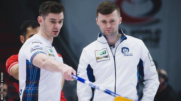 Grant Hardie and Bruce Mouat at the World Curling Championships in Canada