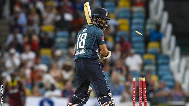 England all-rounder Moeen Ali looks back after being bowled by West Indies seamer Sheldon Cottrell during the second ODI in Barbados