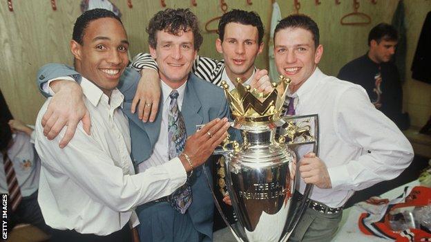 aul Ince, Mark Hughes, Ryan Giggs and Lee Sharpe celebrate with the Premiership Trophy