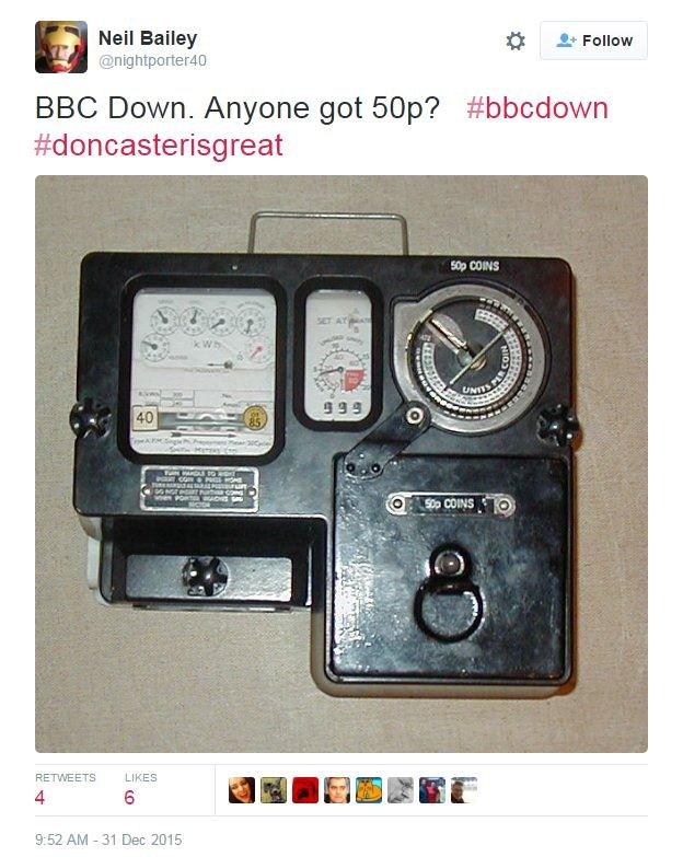 Tweet: BBC down. Anyone got 50p? #bbcdown #doncasterisgreat