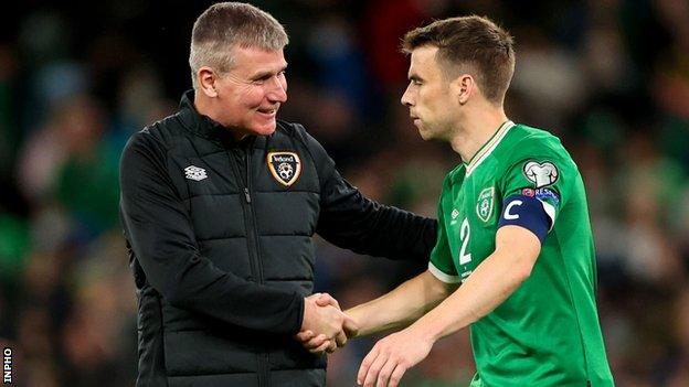 Stephen Kenny shakes the hand of his skipper Seamus Coleman after the game in Dublin