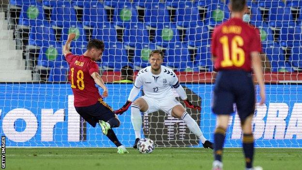 Javi Puado gets Spain's fourth against Lithuania