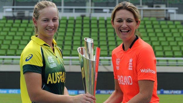 Australia captain Meg Lanning and England skipper Charlotte Edwards with the Women's World Twenty20 trophy