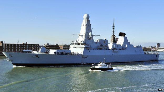 Type 45 destroyer HMS Daring leaving harbour in Portsmouth