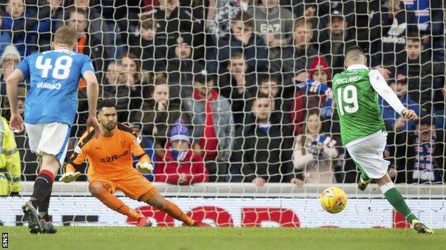 Hibernian striker Jamie MacLaren scores a penalty against Rangers