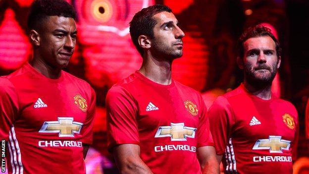 Jesse Lingard, Henrikh Mkhitaryan and Juan Mata model United's new kit