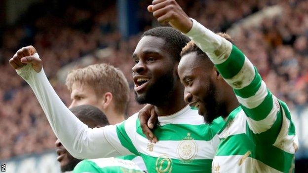 Odsonne Edouard celebrates scoring Celtic's third goal with Moussa Dembele