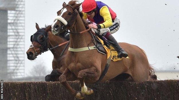 Native River on the way to victory in February's Denman Steeplechase at Newbury