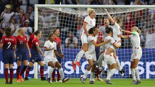 England celebrating a goal against Norway in the 2019 Women's World Cup quarter-final