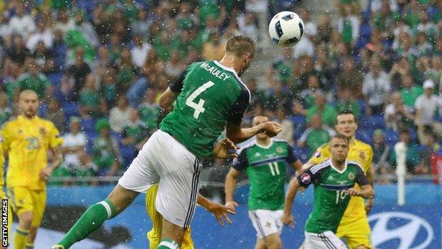 Gareth McAuley of Northern Ireland scores