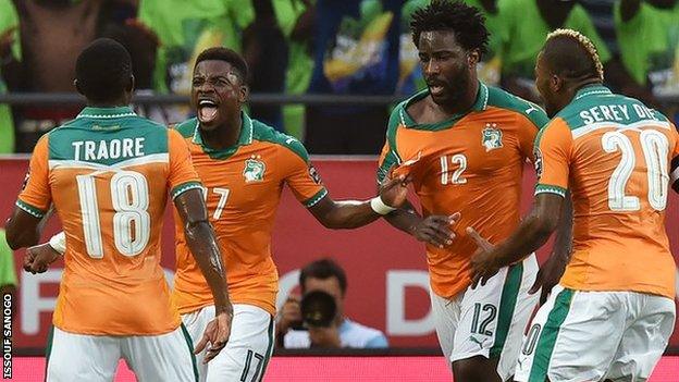 Ivory Coast celebrate their first goal against DR Congo