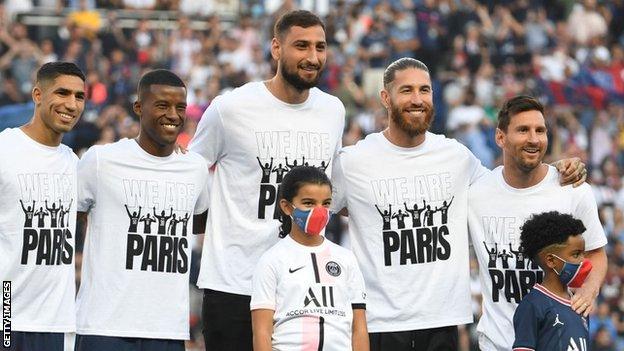 Sergio Ramos, Gianluigi Donnarumma, Georginio Wijnaldum, Achraf Hakimi. Lionel Messi, Paris St-Germain