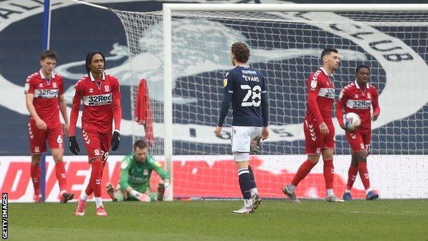 Middlesbrough trudge away dejectedly after Grant Hall's own goal