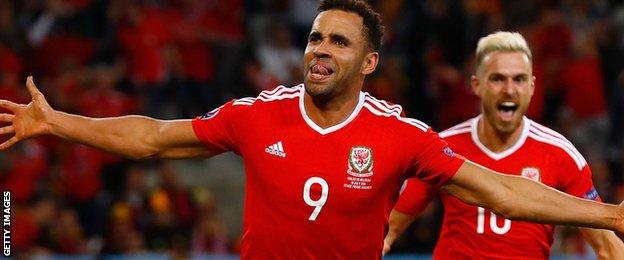 Hal Robson-Kanu celebrates his goal for Wales against Belgium