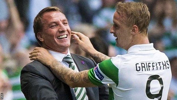 Celtic's Brendan Rodgers and Leigh Griffiths celebrate