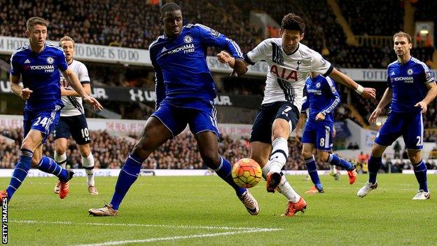 Tottenham forward Son Heung-min shoots at goal