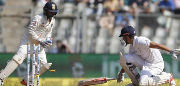 Alastair Cook was stumped by Parthiv Patel as he moved down the wicket to Ravindra Jadeja