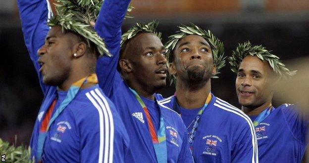 Mark Lewis Francis, Marlon Devonish, Darrem Campbell and Jason Gardener won 4x100m relay gold at the Athens Olympics