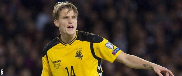 Hibernian midfielder Vykintas Slivka in action for Lithuania against Scotland