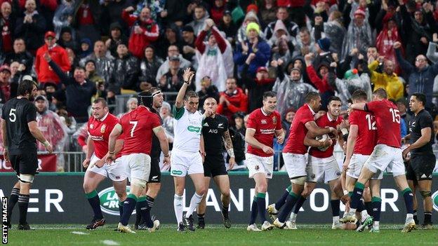 The Lions celebrate beating the All Blacks