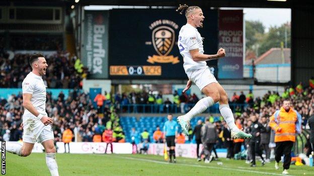 Kalvin Phillips (right) celebrates scoring against Birmingham at Elland Road last season