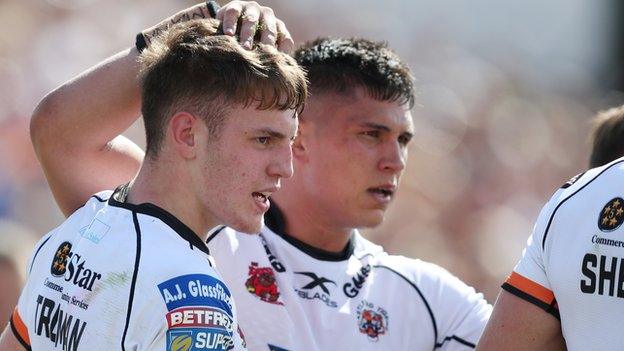 Jake Trueman celebrates his try for Castleford against Leeds