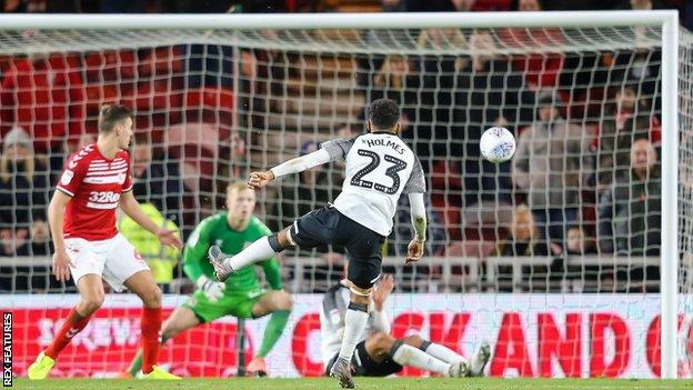 Derby County's Duane Holmes scores