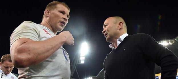 Dylan Hartley and Eddie Jones pictured after England's historic win over Australia