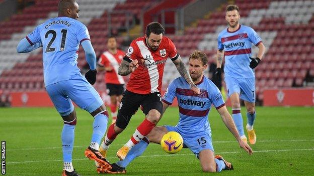 Danny Ings beats two West ham defenders