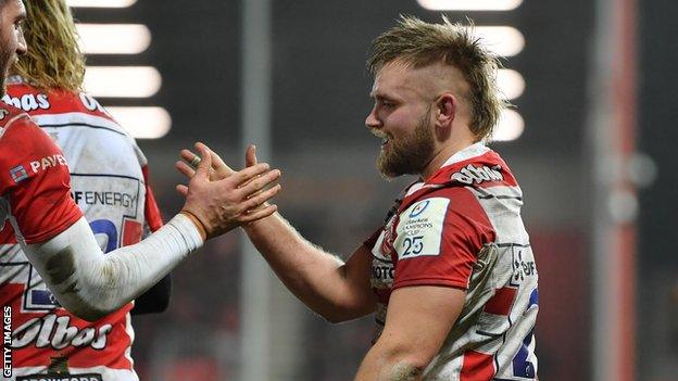 Todd Gleave celebrates Gloucester try