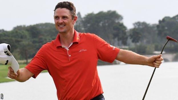 Justin Rose celebrates victory in Jakarta