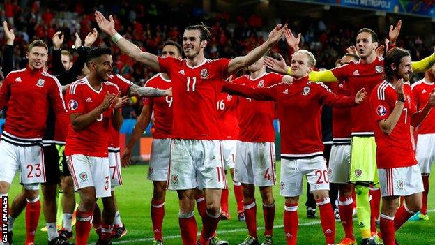 Wales players celebrate victory over Belgium in the Euro 2016 quarter-finals.