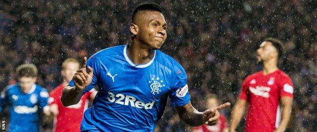 Rangers striker Alfredo Morelos celebrates