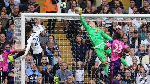 Jordan Pickford makes a save during the Premier League match between Tottenham Hotspur and Sunderland at White Hart Lane on 18 September 2016