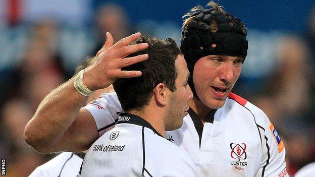 Stephen Ferris and Paddy Wallace in action for Ulster in 2012