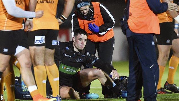 Lee Jones after suffering a head injury on Pro14 duty for Glasgow Warriors